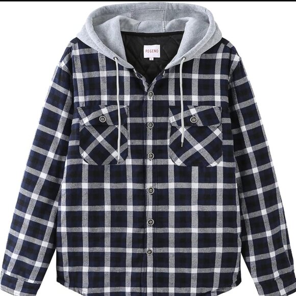 NWT (S)Men's Long Sleeve Plaid Button Quilt-Lined Flannel Hood Shirt/Jacket #2 - Picture 1 of 9